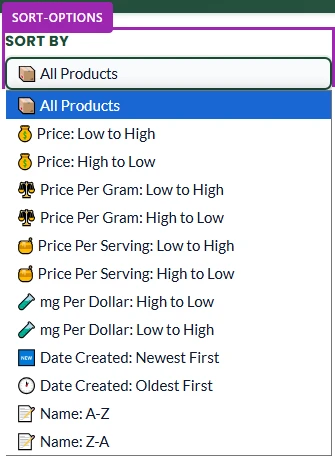Sort by 🧪 Potency: High to Low - Tutorial Sort Dropdown